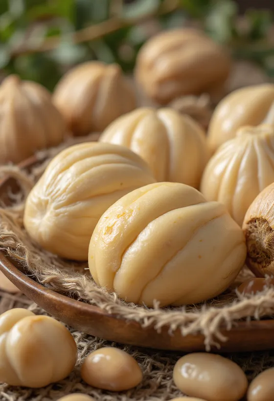 Pilipähkinöitä puisella keittiötasolla.