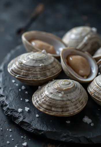 Avattuja Quahog-simpukoita leikkuulaudalla