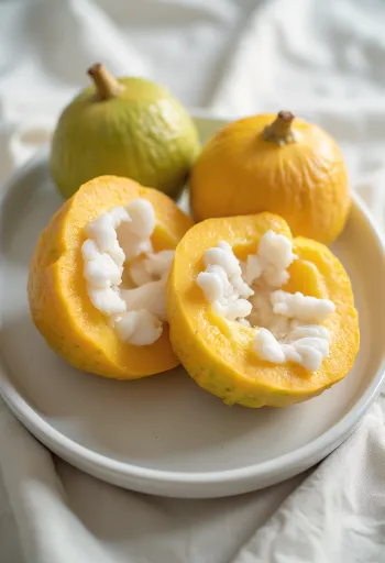 Kuva santol-hedelmän viipaleista leikkuulaudalla