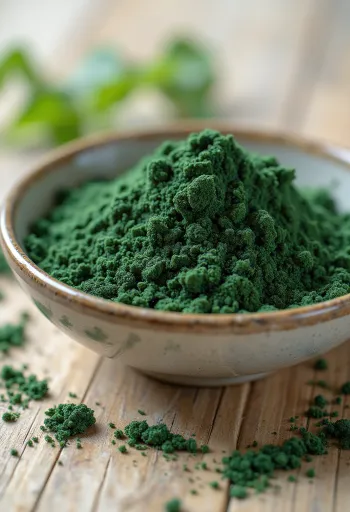 Spirulinajauhetta pienessä lasipurkissa, syvän vihreä väri, ympärillä spirulinatabletteja