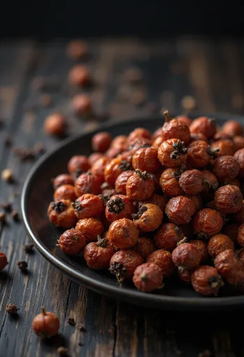 Szechuaninpippurin (Zanthoxylum) jyviä puisella keittiötasolla.