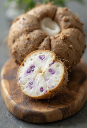 Viipaloitu taro-juuri leikkuulaudalla, ympärillä tuoreita juureksia