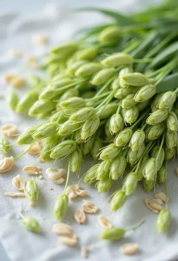 Tuoreita vihreän kauran versoja puhtaalla lautasella