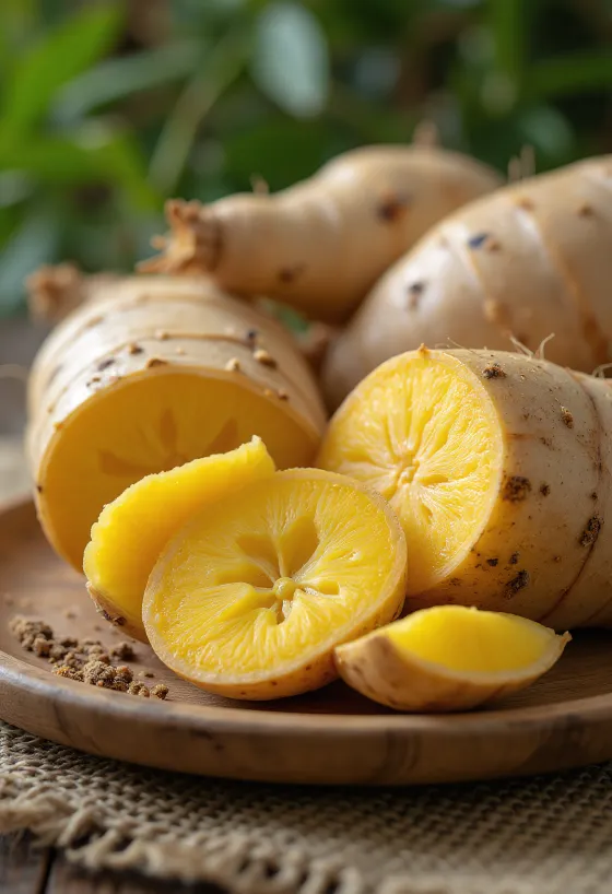 Kuva arracacha-juuresta, viipaleita leikkuulaudalla