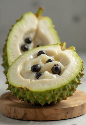 Cherimoya-hedelmä, vihreä kuori ja kermainen valkoinen hedelmäliha