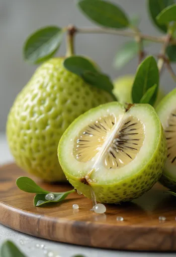 Halkaistu feijoa-hedelmä, vihreä kuori ja mehukas sisus