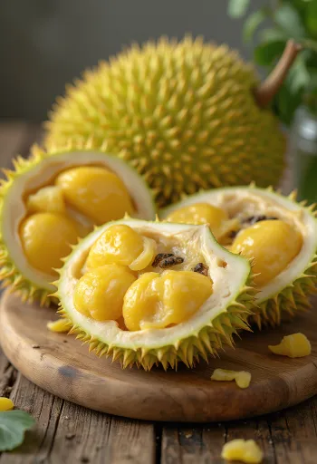Avattu jackfruit-hedelmä, jossa näkyy keltainen kuituinen sisus ja vihreä piikikäs kuori