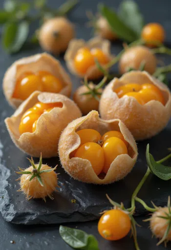 Ananaskirsikka (Physalis) marjoja, kirkkaan oranssi väri ja paperimainen kuori