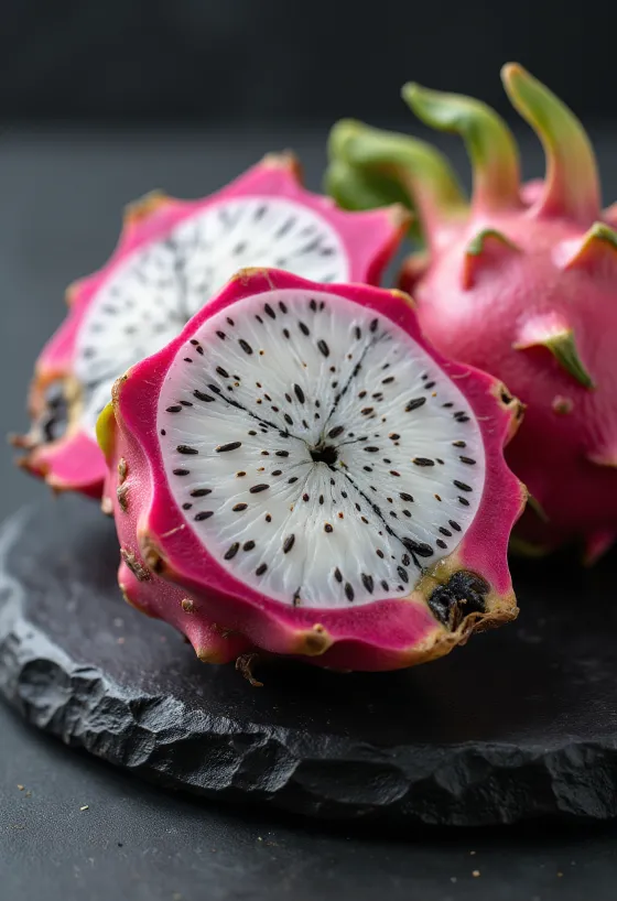 Pitahaya (srakányhedelmä) valkoinen hedelmäliha, kirkas valkoinen ja mustat siemenet