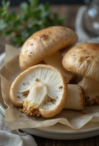 Tuoretta viipaloitua tammenherkkutattia mausteiden ja oliiviöljyn kera puulaudalla