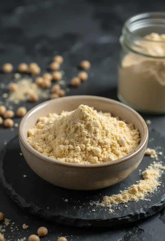 Herneikaproteiinijauhetta vaalean beigenä jauheena, vieressä keltaherneitä