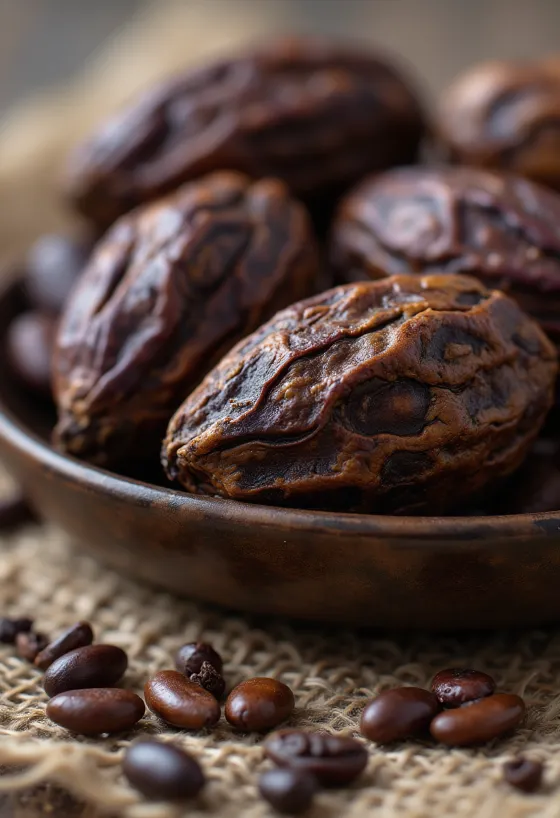 Raakoja, fermentoimattomia kakaopavun hedelmiä ja siemeniä luonnollisessa muodossa