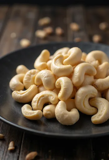 Raakoja, kuorittuja cashewpähkinöitä valkoisella taustalla