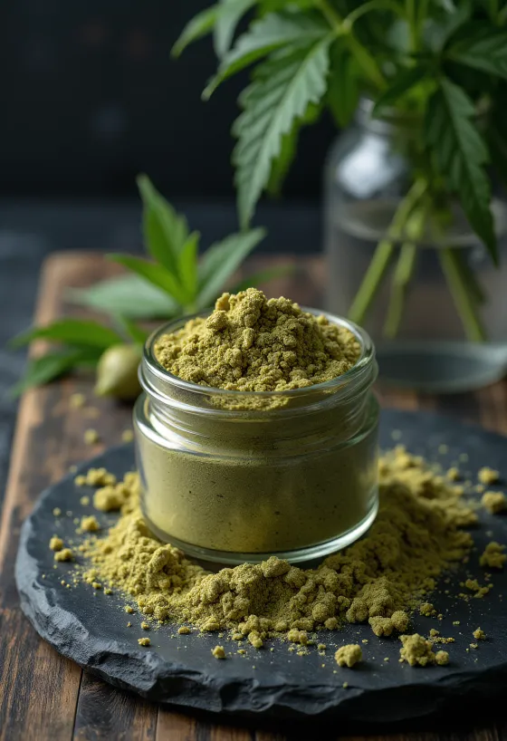 Raakaa hamppuproteiinijauhetta kulhossa, vieressä hampunsiemeniä dokumentointia varten