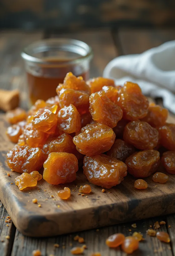 Raakapropoliksen paloja puupinnalla luonnollisessa tilassa