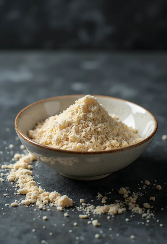 Vaalean beigeä raakariisiproteiinijauhetta kulhossa, vieressä tummaa riisiä