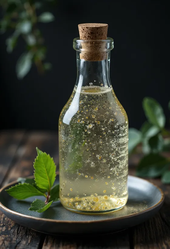 Koivunmahlaa lasipullossa ja lasissa, koivun tuohta ja oksia