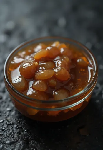 Osterikastiketta keraamisessa kulhossa, vieressä keitettyä osteria, soijakastiketta ja sokeria