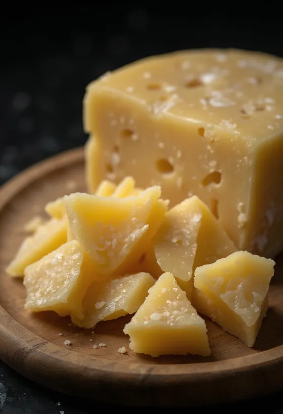 Parmesaanijuustoa paloina ja raastettuna puisella leikkuulaudalla