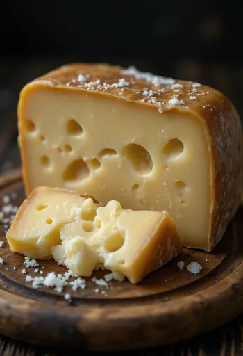 Parmigiano Reggiano -juustopala valkoisessa kulhossa puupöydällä