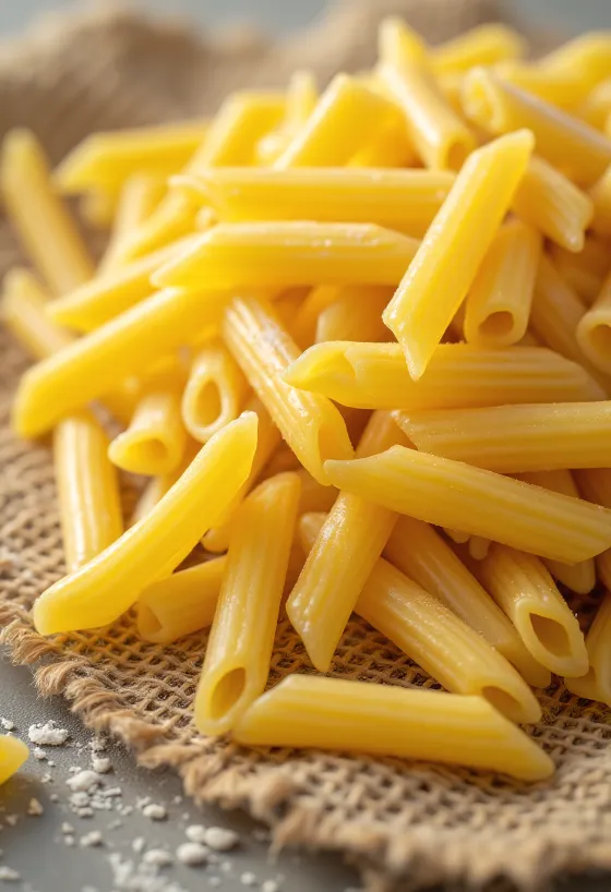 Kuivaa uritettua penne-pastaa puupinnalla