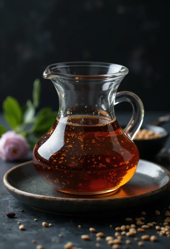 Paahdettua seesamiöljyä tummassa pullossa, vieressä kulho ja paahdettuja seesaminsiemeniä