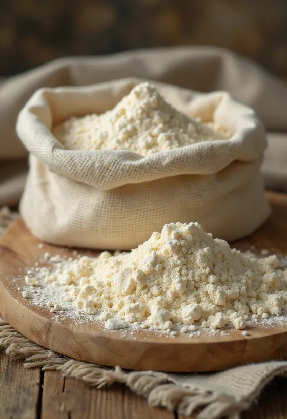 Keittobanaanijauhoa kulhossa, lusikassa, vieressä vihreää keittobanaania ja lastuja