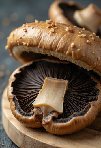 Tuoreita portobello-sieniä leikkuulaudalla, valmiina grillaukseen oliiviöljyn ja rosmariinin kera