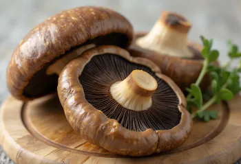 Tuoreita portobello-sieniä leikkuulaudalla, valmiina grillaukseen oliiviöljyn ja rosmariinin kera
