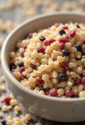 Raakaa kvinoasekoitusta keramiikkakulhossa puupinnalla