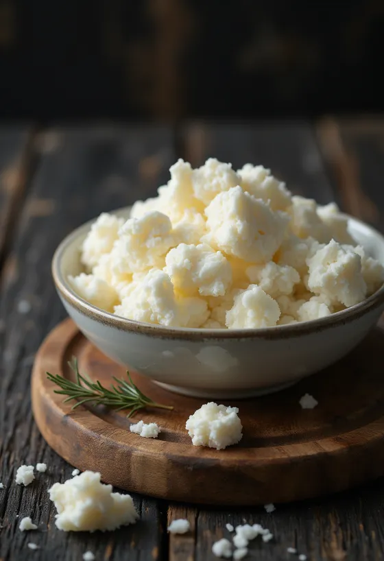 Tuoretta ricotta-juustoa valkoisessa keraamisessa kulhossa puupöydällä