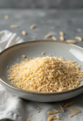 Riisilesettä pienessä keraamisessa kulhossa ja ripoteltuna puiselle keittiötasolle