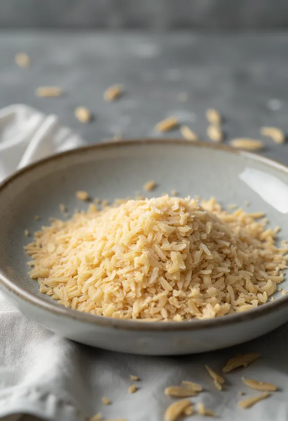 Riisilesettä pienessä keraamisessa kulhossa ja ripoteltuna puiselle keittiötasolle