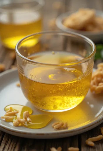 Riisileseöljyä pullossa, riisinjyviä ja lesettä luonnollisella taustalla