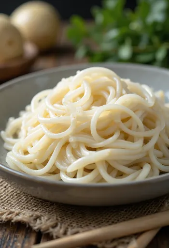 Kuivaa riisinuudelia keraamisessa kulhossa puutasolla