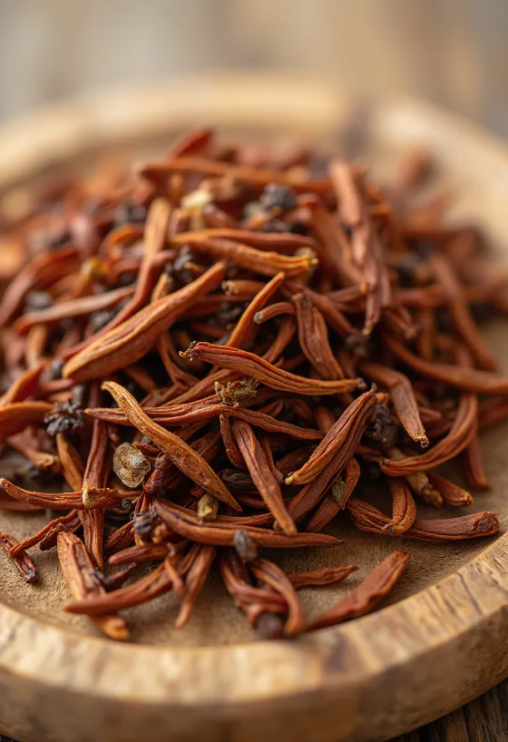 Rooibos-tee irtoteenä, punertavia lehtiä kulhossa ja siroteltuna keittiötasolle