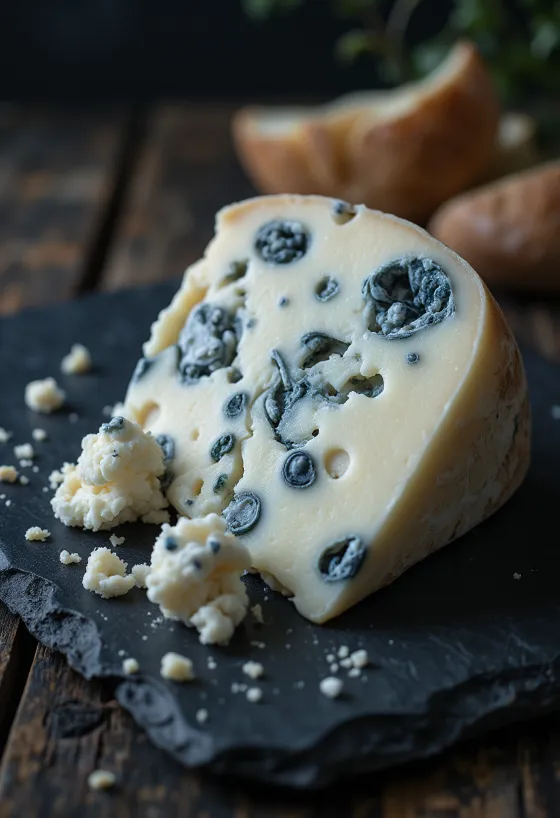 Tuoretta Roquefort-sinihomejuustoa valkoisessa kulhossa puupöydällä
