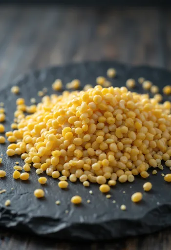 Keltaisia sinapinsiemeniä puupinnalla ja kulhossa