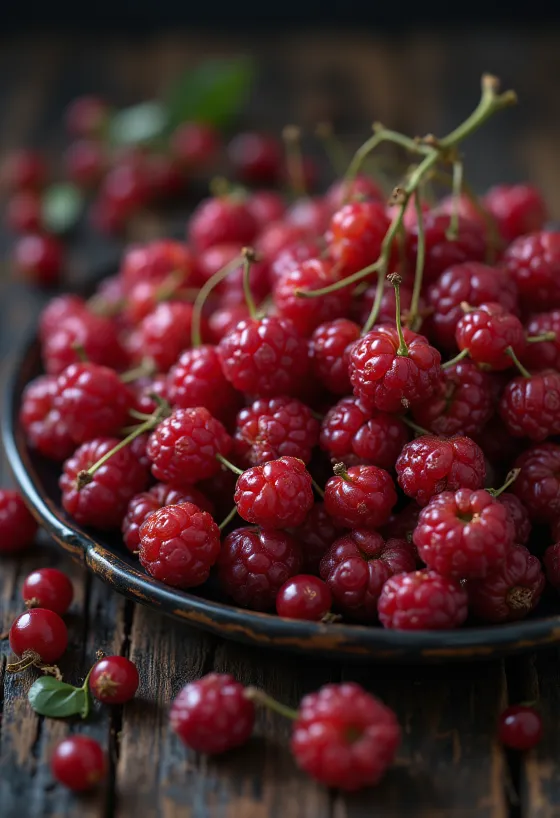 Tuoreita punaisia schisandra-marjoja, osa halkaistuina, raakana