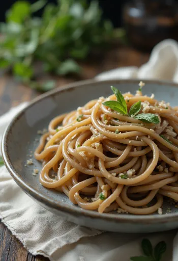 Kuivaa tattarista valmistettua soba-nuudelia rustiikkisessa kulhossa puutasolla