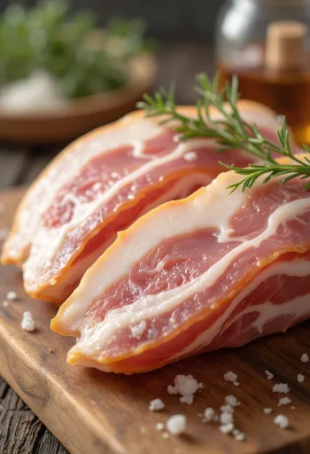 Viipaloitua raakaa pekonia puisella leikkuulaudalla, näkyvät rasva- ja lihakerrokset