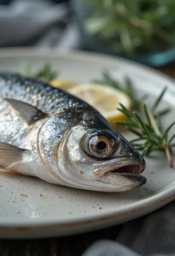 Tuoreita sardiineja sitruunan, suolan ja persiljan kera puulaudalla