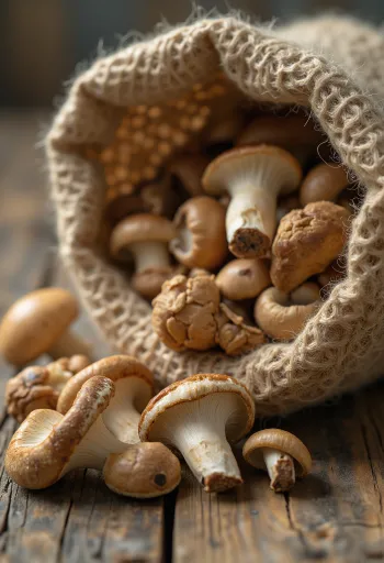 Kuivattuja sieniviipaleita rustiikkisella alustalla, yrttien kera