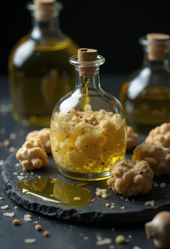 Tryffeliöljyä pienessä pullossa, tryffeliviipaleita ja tarjoiluasetelma