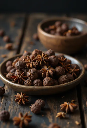 kokonaisia maustepippureita puukulhossa ja rustiikkisella alustalla