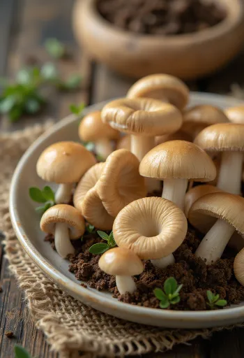 Viipaloituja nurminahikkaita tuoreiden yrttien ja valkosipulin kera puulaudalla