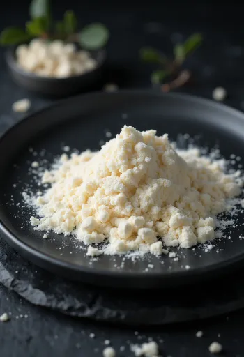 Johanneksenleipäpuujauhetta keraamisessa kulhossa ja puulusikassa, vieressä siemeniä