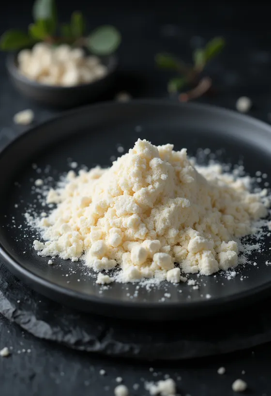 Johanneksenleipäpuujauhetta keraamisessa kulhossa ja puulusikassa, vieressä siemeniä