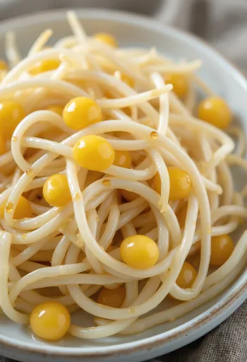 Tuoreita soijapavun ituja valkoisella lautasella, rapeana ituna