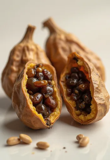 Kokonaisia ja avattuja tamarindin palkoja, ruskea kuori, hedelmäliha ja mustat siemenet